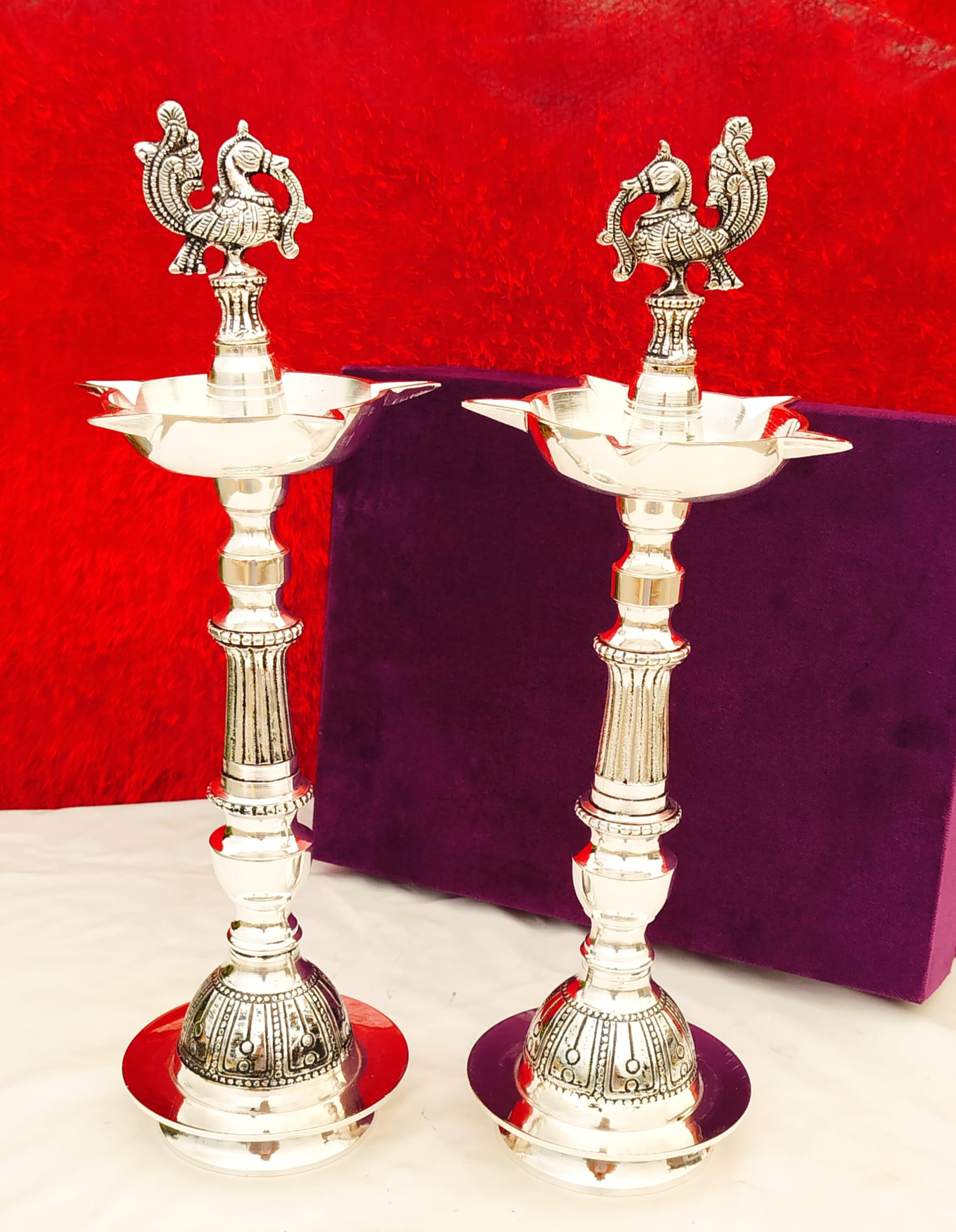 Antique Finish German Silver Peacock Diya Pair for Diwali/ Temple/ Housewarming Pooja
